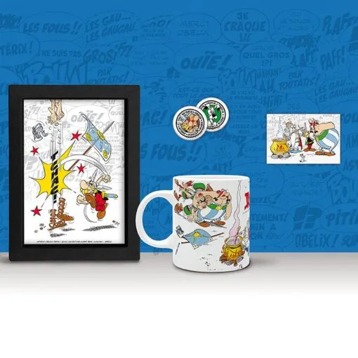 ASTERIX MUG + MAGNET + CADRE KRAFT + BADGES